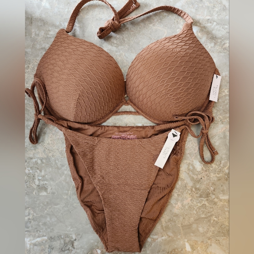 38D/XL VS Swim Bombshell PushUp Bikini Top Side Tie Cheeky Bikini Set Fishnet